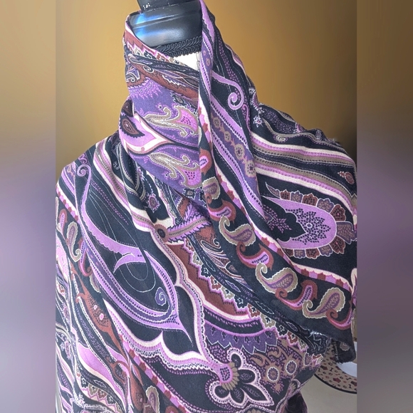 ETRO Milano Silk & Wool Purple Pink Black Paisley Print Large Scarf 67x26 - Picture 2 of 13